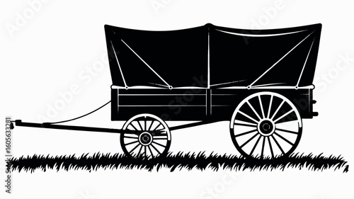 Black and white silhouette illustration of a traditional farm wagon with a covered cargo bed