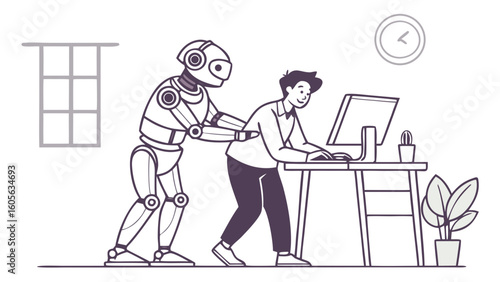 Robot giving a human a massage while he is working on a computer in an office environment scene