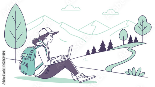 Woman with backpack using laptop in nature with mountains trees and clouds in the background scenery