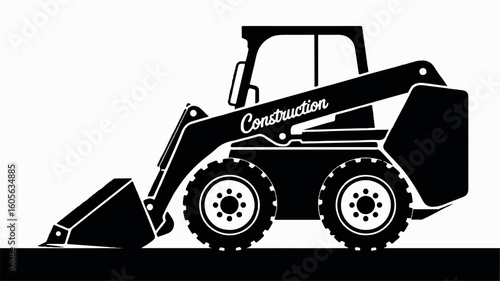 Black and white silhouette of a skid steer loader for construction and industrial use