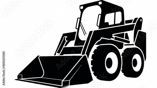Black and white silhouette illustration of a skid steer loader for advertising banners