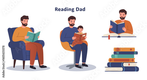 Illustration depicting fathers reading books in various poses with a stack of books nearby