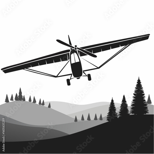 Black silhouette illustration of a microlight flying over forest hills