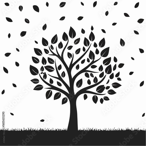 Silhouette tree with leaves falling in a windy scene illustration art