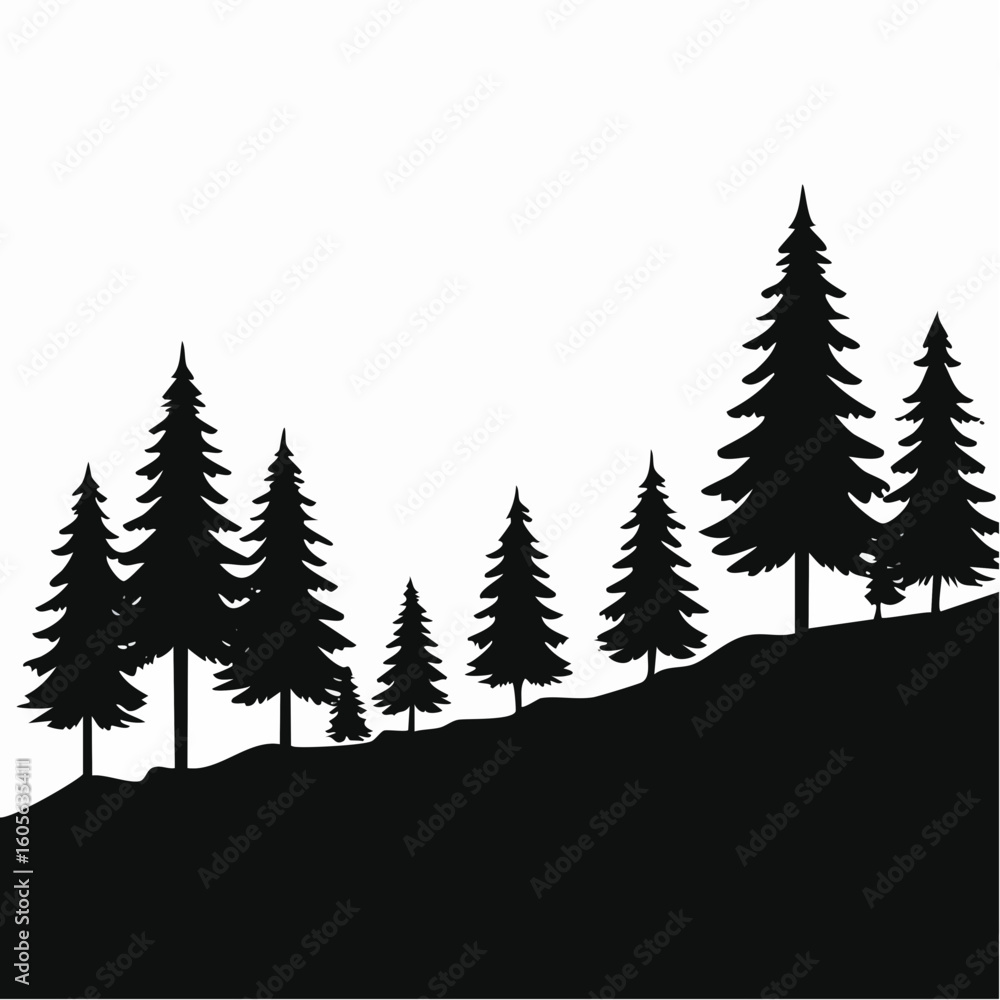Fototapeta premium Silhouette illustration of a forest landscape with evergreen trees on hills