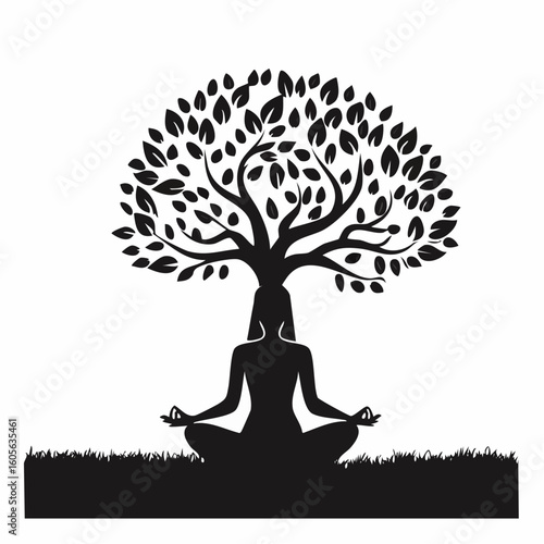 Silhouette of woman meditating under a tree with leaves and branches