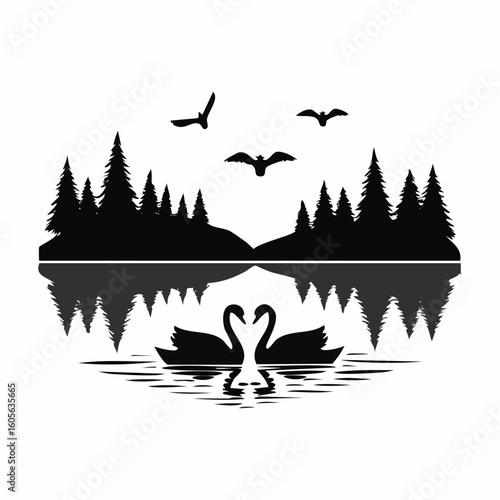 Serene lake scene with swans, trees, and birds in silhouette illustration