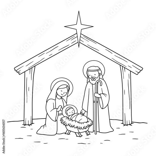 Nativity scene with Mary, Joseph, and baby Jesus in stable, coloring page  