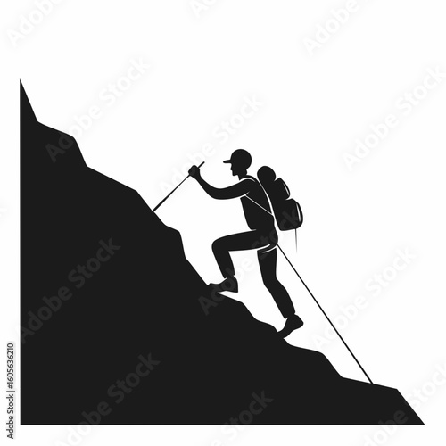 Silhouette of a hiker climbing a mountain with trekking poles and backpack