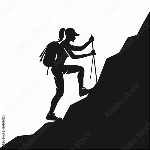 Silhouette of a woman hiker climbing a mountain with trekking poles vector