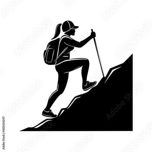 Silhouette of a woman hiking up a mountain with a backpack and pole