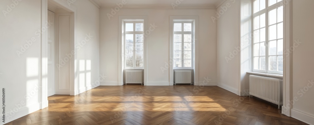 Obraz premium Elegant empty room interior featuring herringbone wood floor, white walls. Soft sunlight streams through tall windows, creating serene, inviting atmosphere with architectural detail. Perfect for