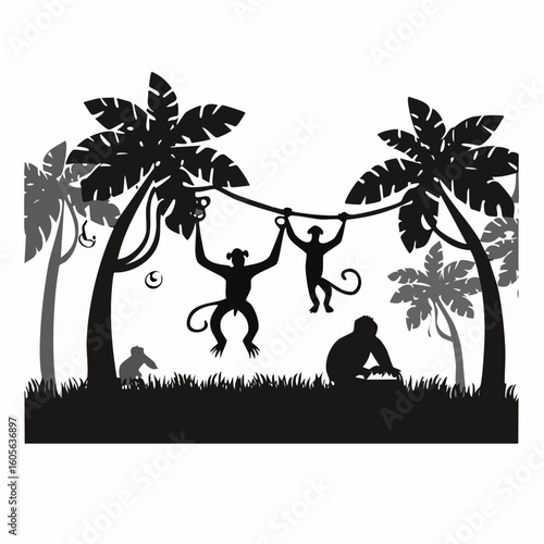 Monkeys swinging on jungle vines vector graphic with playful primates scene