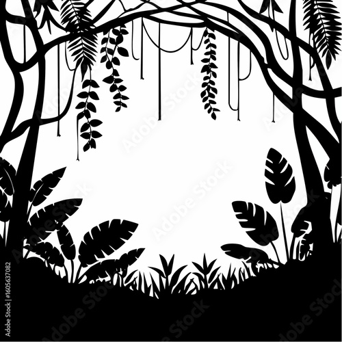 Silhouette jungle background with dense vegetation and hanging vines