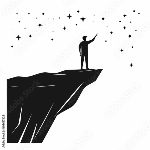 Silhouette of a man reaching for stars from a cliff edge at night