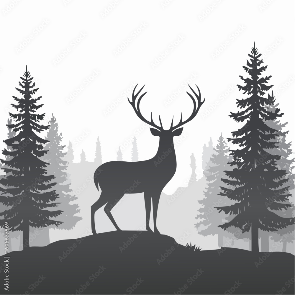 Obraz premium Silhouette of a Majestic Deer Standing Tall in a Dense Forest Scene
