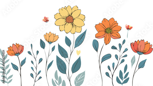 Bohemian floral illustrations featuring wildflowers, leaves, and stems in elegant line-art style. 