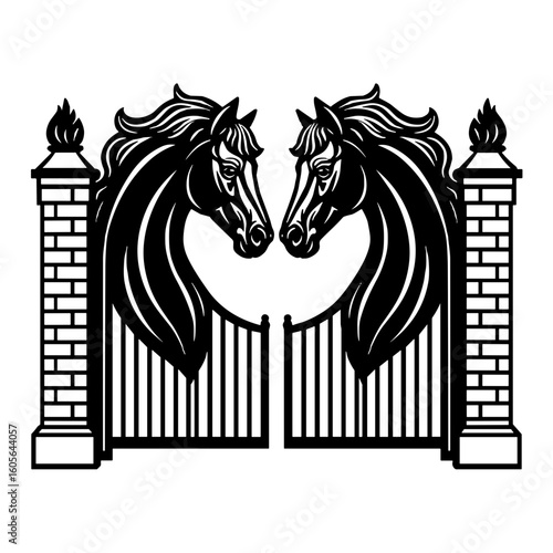 Decorative gate with horse head design, black silhouette vector illustration, elegant equestrian style