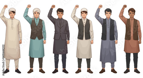Cartoon illustrations of young Muslim men in fashionable and modest clothing shown a powerful and confident poses 