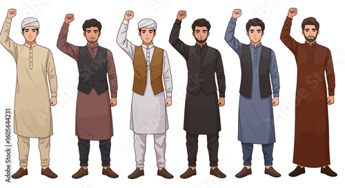 Cartoon illustrations of young Muslim men in fashionable and modest clothing shown a powerful and confident poses 