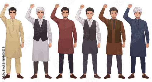 Cartoon illustrations of young Muslim men in fashionable and modest clothing shown a powerful and confident poses 