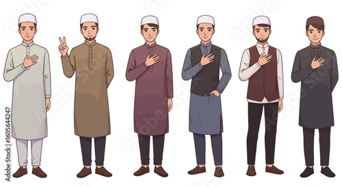 Cartoon ilustration young Muslim men in fashionable and modest Islamic clothing, shown in peaceful and confident poses.