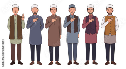 Cartoon ilustration young Muslim men in fashionable and modest Islamic clothing, shown in peaceful and confident poses.