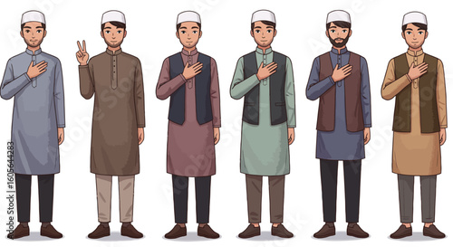 Cartoon ilustration young Muslim men in fashionable and modest Islamic clothing, shown in peaceful and confident poses.