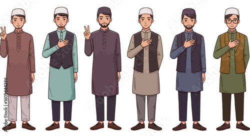 Cartoon ilustration young Muslim men in fashionable and modest Islamic clothing, shown in peaceful and confident poses.