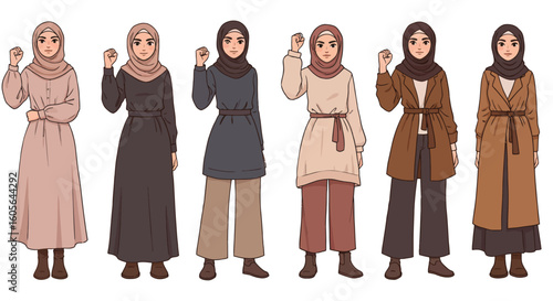 Cartoon illustrations of young Muslim woman in fashionable and modest clothing shown a powerful and confident poses