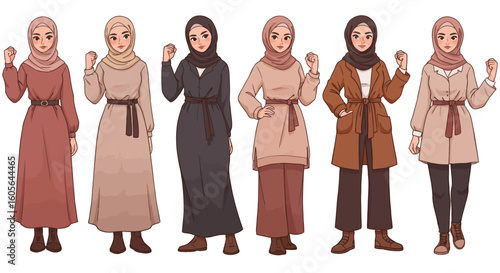 Cartoon illustrations of young Muslim woman in fashionable and modest clothing shown a powerful and confident poses