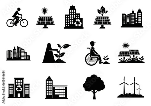 Black silhouette icons on white background, set of urban sustainability, cyclist, wheelchair plantation, solar panels, wind turbines