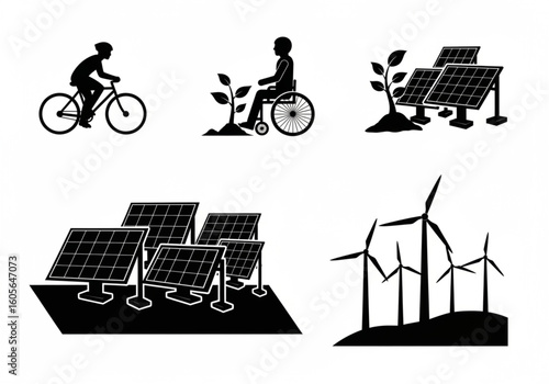 Black silhouette icons on white background, set of urban sustainability, cyclist, wheelchair plantation, solar panels, wind turbines