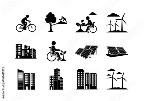 Black silhouette icons on white background, set of urban sustainability, cyclist, wheelchair plantation, solar panels, wind turbines