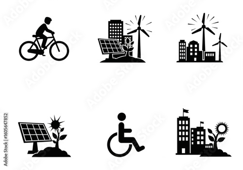 Black silhouette icons on white background, set of urban sustainability, cyclist, wheelchair plantation, solar panels, wind turbines