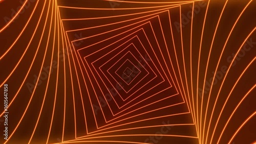 Futuristic orange neon tunnel loopable animation orange background, digital square geometric shapes template  ultraviolet fluorescent light