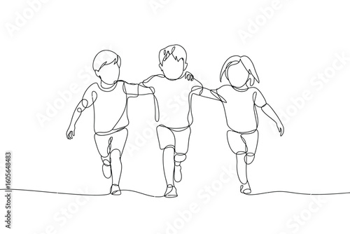 Three children walking together with arms around each other in a simple line drawing