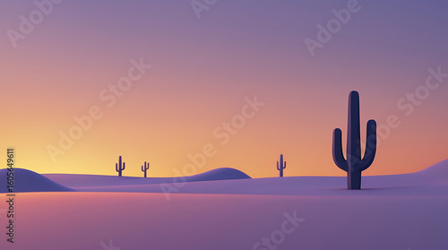 Minimalist desert landscape with cacti silhouetted against a pastel sunset sky.