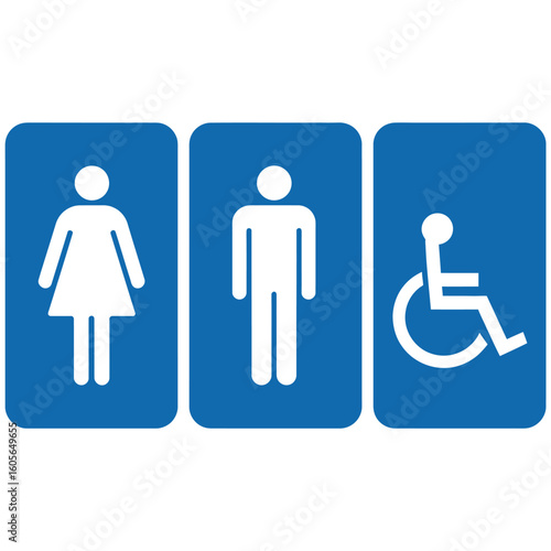 Restroom signs for men women and disabled people on blue background