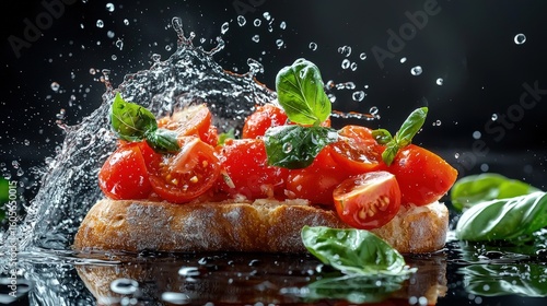 Bruschetta with fresh tomatoes and basil, water splashes.
