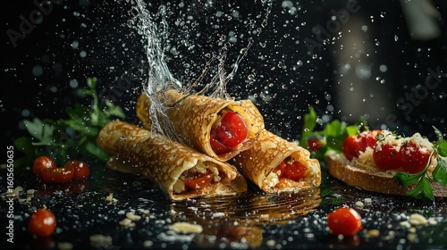 Rolled crepes filled with tomatoes and cheese, garnished with fresh herbs.