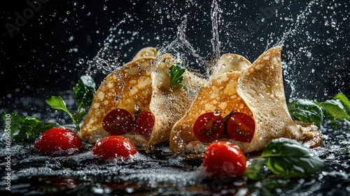 Pancakes filled with cherry tomatoes, surrounded by water splashes.