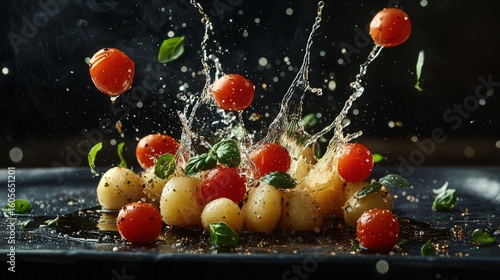 Freshly prepared pasta salad with cherry tomatoes and basil, in motion.