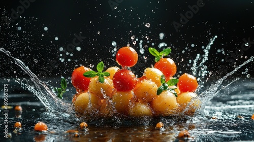 Small, colorful potatoes and cherry tomatoes with water splashing around.