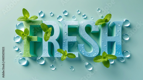 Fresh mint leaves and water droplets surround the word 