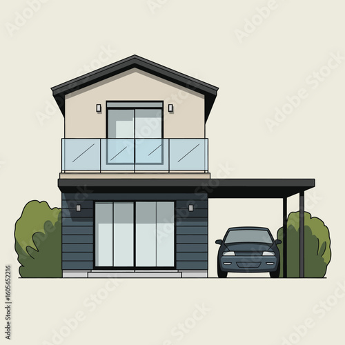 Modern two story house with attached carport and greenery