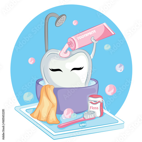 cute cartoon tooth character holding toothpaste. Dental care concept