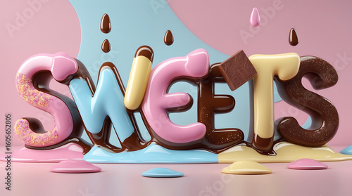 Gooey chocolate and pastel-colored candy letters spelling 
