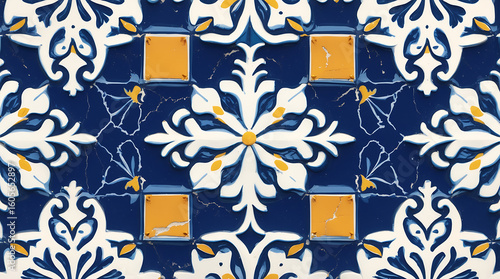 Intricate blue and white floral tile pattern with yellow accents, showing aged texture and symmetrical design.