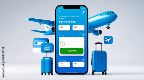 Mobile app interface for booking airline tickets, showcasing ease of travel planning with visual elements of airplane, luggage, and confirmation.